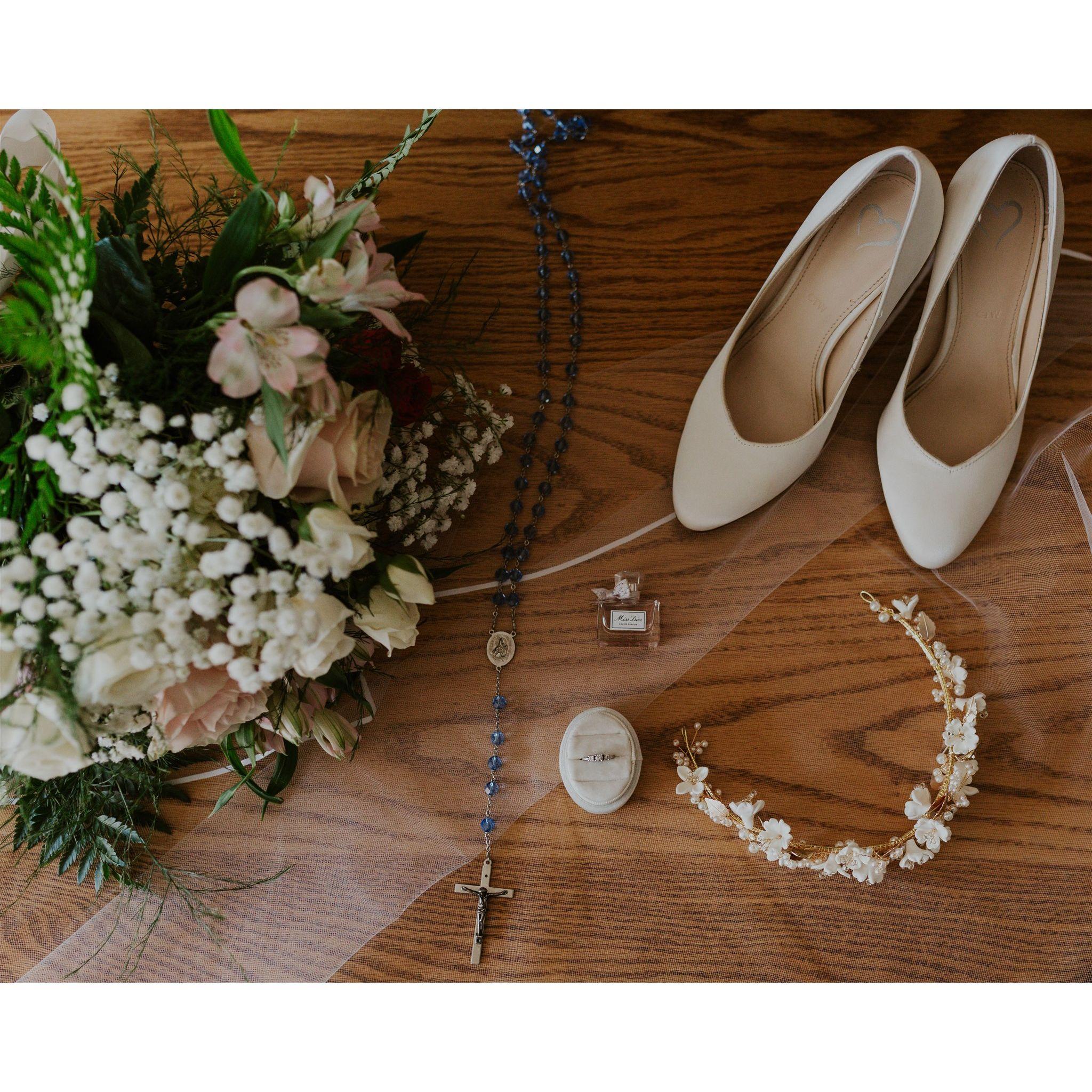 Details shot: Shoes ("something new"), veil, ring, bouquet, crown, rosary ("something blue")