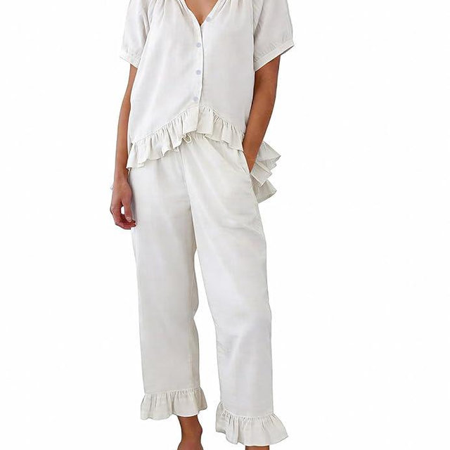 COZYPOIN Cotton Pajamas for Women Set 2 Piece Button Down Puff Sleeve Babydoll Shirt Ruffle Pants Cute Pjs Lounge Sets