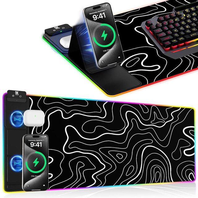 XXL Mouse Pad with Foldable Phone Holder - Black, RGB Desk Mat with 15W Fast Charging, LED Gaming Mousepad with 11 Light Colors, Waterproof Non-Slip Pad (Stand-XXL RGB Topographic)