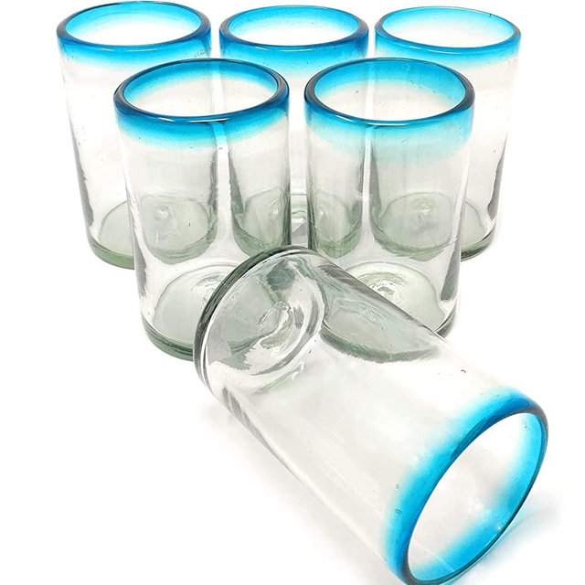 Hand Blown Mexican Drinking Glasses – Set of 6 Glasses with Aqua Rims (14 oz each)