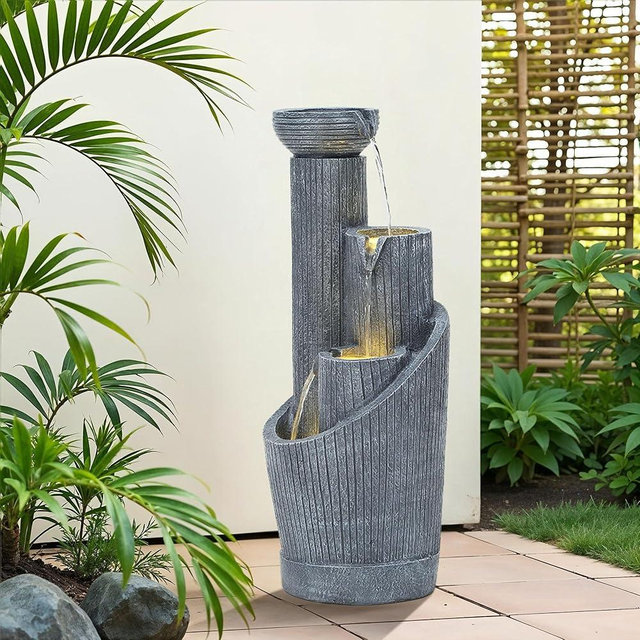 Autodaya 31" Modern Outdoor Water Fountain with LED Lights, 5-Tier Twist Pedestal Bowl Garden Fountain, Cascading Waterfall for Relaxing Garden, Patio, Backyard, Deck, Porch or Home Decor