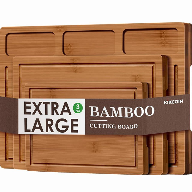 Bamboo Cutting Boards for Kitchen, (Set of 3) Kitchen Chopping Board with 3 Built-In Compartments and Juice Groove Heavy Duty Serving Tray Wood Butcher Block and Wooden Carving Board, Brown, Kikcoin