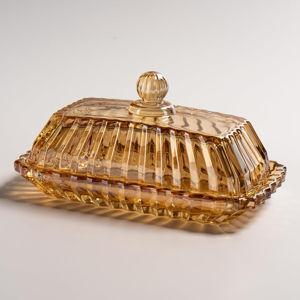 Champagne Color Glass Butter Dish with Lid, Covered Butter Stick Holder Tray, Crystal Glass Butter Storage Container for Kitchen Countertop