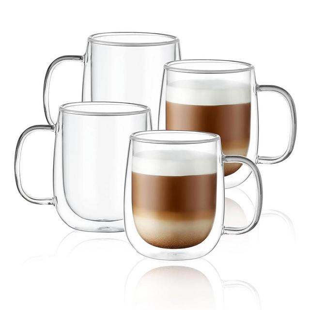 CNGLASS Glass Coffee Mugs 12oz,Double Wall Insulated Mug Set with Handle,Clear Glass Espresso Mugs for Latte,Cappuccino,Tea Bag,Hot and Cold Beverages,Set of 4