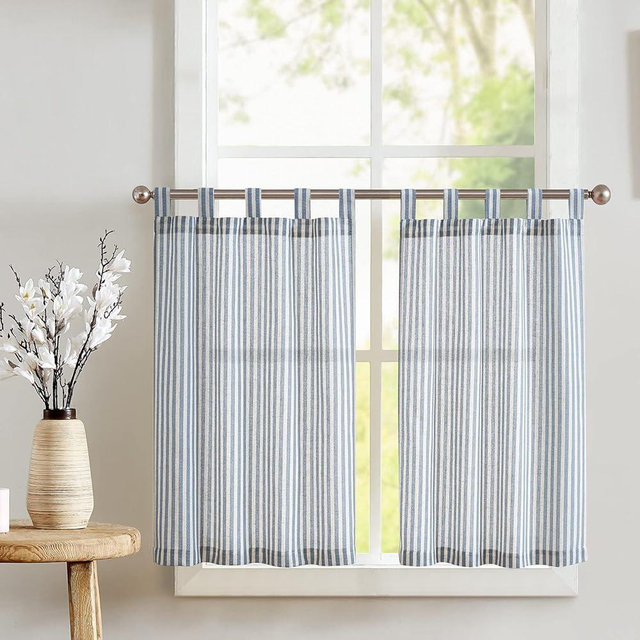jinchan Tab Top Linen Kitchen Curtains 24 Inches Striped Tier Curtains Farmhouse Modern Cafe Style Small Window Treatments Airy Light Filtering Rod Pocket for Living Room Bathroom 2 Panels Blue