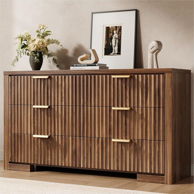 HOTALLOY Fluted Dresser for Bedroom, Wooden 6 Drawer Dresser, 54" Wide Chest of Drawers, Double Dressers with Deep Drawers for Living Room, Closet, Hallway, Walnut
