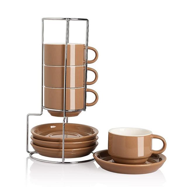Sweejar Porcelain Espresso Cups with Saucers, 4 Ounce Stackable Cappuccino Cups with Metal Stand for Coffee Drinks, Latte, Tea - Set of 4 (Brown)