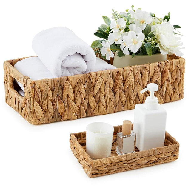2 Pcs Toilet Paper Basket for Back of Toilet Wicker Water Hyacinth Basket Topper and Vanity Tray Set with Built-in Handles for Paper Hand Towel, Bathroom, Home, Spa(Light Brown)