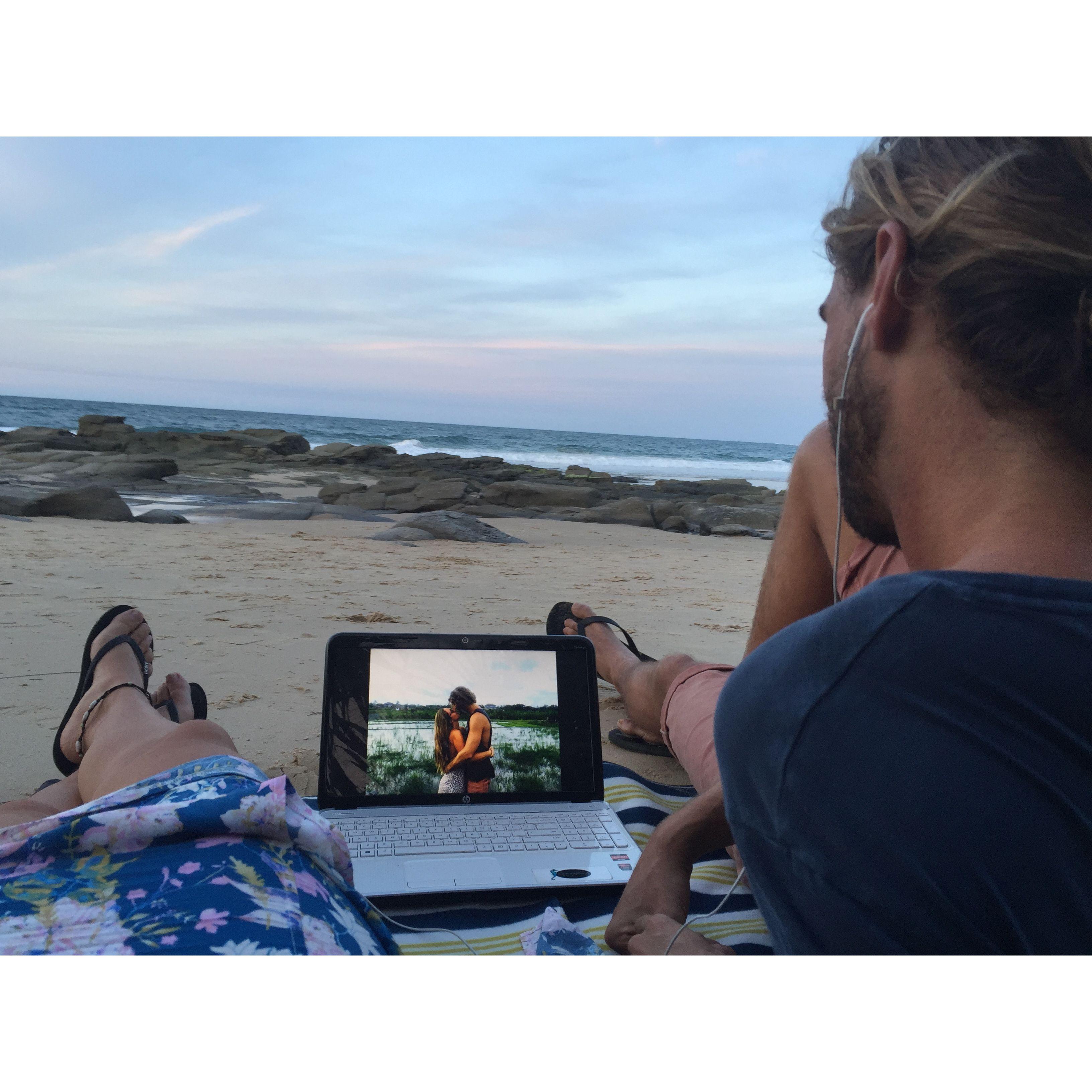 Our 1 year anniversary, Steph made a surprise slideshow and took cheese and wine to our local beach