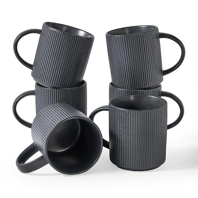 famiware Coffee Mug Set for 6, Star 16 oz Catering Mugs Cup Set with Handle for Coffee, Tea, Cocoa, Milk - Ceramic Stoneware Drinkware Set, Matte Dark Charcoal