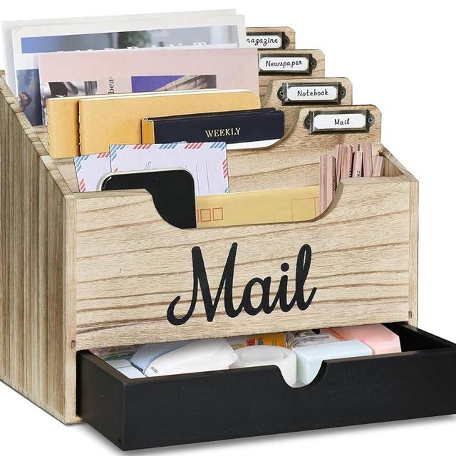 Desktop Mail Organizer with 4 Large Compartments and Drawer, Wood Mail Holder Sorter Organizer, Countertop Desk Office Accessories Organizer for File Letter Paper Folder, Desk Drawer Organizer