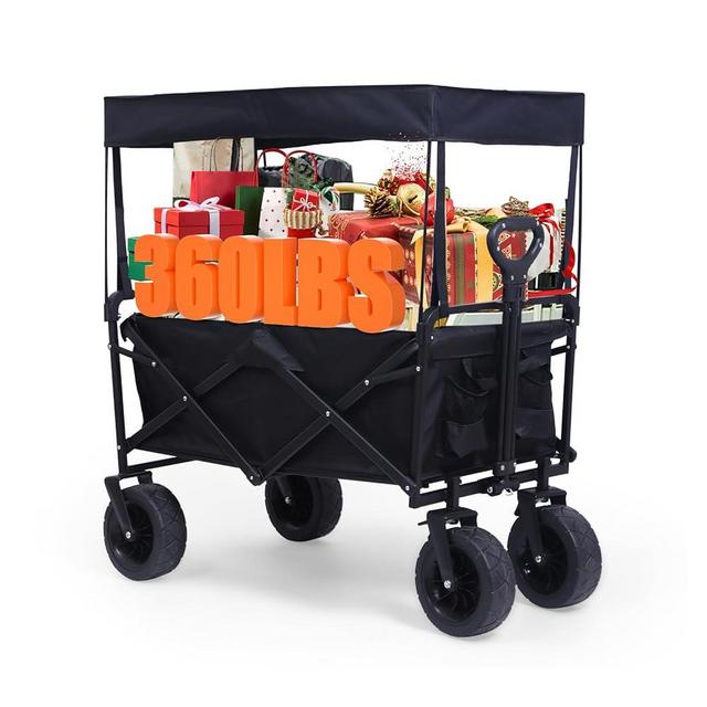 Nice C Heavy Duty Wagon, Collapsible Wagon with Canopy, Black, Steel, 4 Wheels, 33 x 22.4 x 7.6 inches
