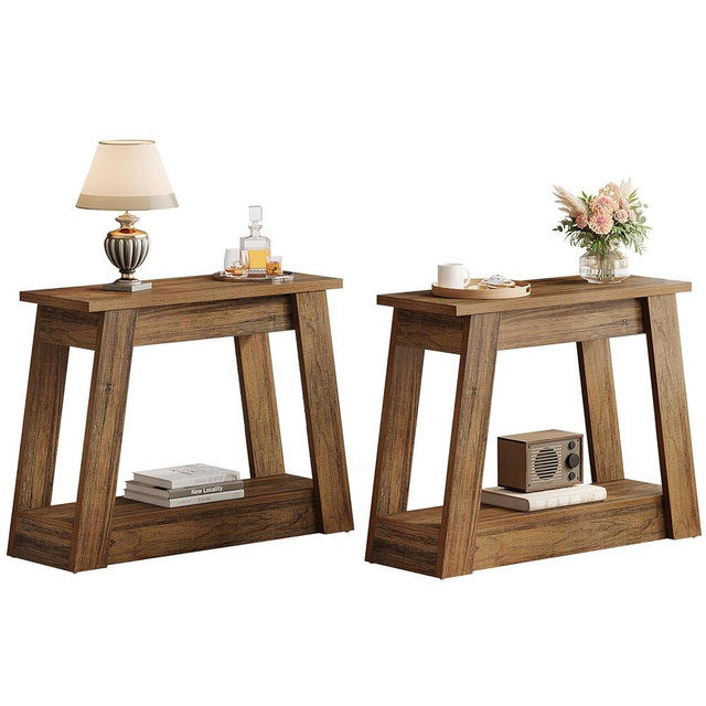 Tribesigns Wood End Table Set of 2, Small Side Table with 2 Storage Shelves, Rustic Accent Narrow Nightstand for Living Room, Bedroom (2)