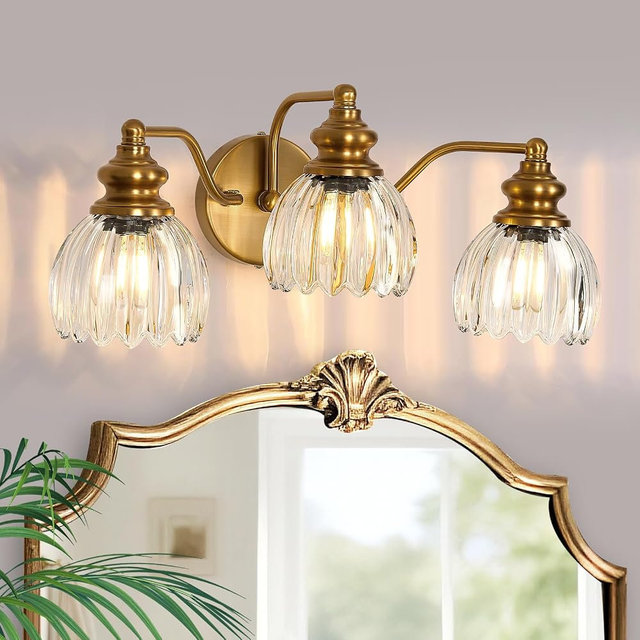 Piepooye Vintage Bathroom Lights Fixtures 3 Lights Gold Vanity Light with Glass LampShade E26 Bulb Wall Sconce Indoor Vanity Light Over Mirror for Bedroom Kitchen Farmhouse Living Room