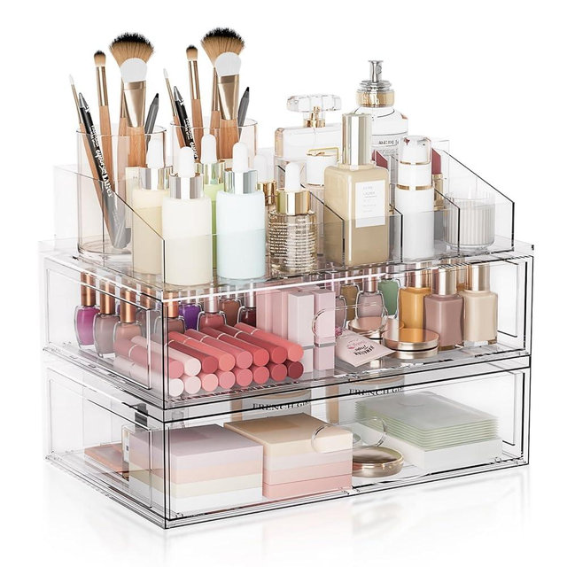 Clear Stackable Makeup Organizer with Drawer, 12''W Acrylic Storage Drawers, Cosmetic Display Case for Vanity Bathroom Countertop, Beauty Holder for Lipstick Brush Skincare Perfume