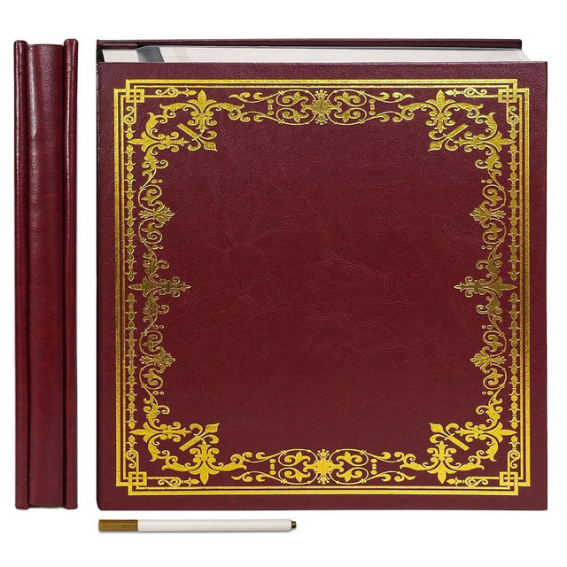 Vienrose Large Self-Adhesive Album Artificial Leather Cover Scrapbook Album 10.63"x11.02" Vintage Printed Memory Book DIY 40 Blank Pages with A Metallic Pen, Red