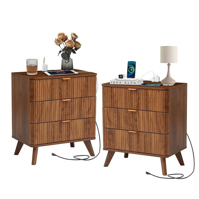 Mid-Century Bedside Table with Charging Station, Fluted Farmhouse Nightstand Set of 2 with Drawers, Contemporary 3-Drawer Side Table with Storage, Mid Century Modern Nightstand for Bedroom/Living Room