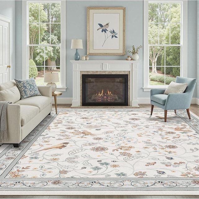 DCX Beige Vintage Floral Area Rug 6x9, Machine Washable Botanical Bird Rug Non Slip Soft Low Pile Large Carpet for Living Room, Bedroom, Dining Room, Home Office