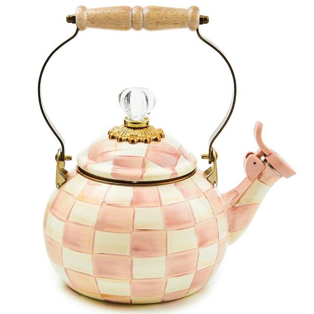 MACKENZIE-CHILDS Enamel Whistling Tea Kettle, Decorative Teapot, Pink-and-White Rosy Check