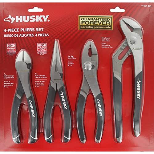 Husky 861461 4 Piece High Leverage Multi-Use Pliers Set with Diagonal, Long Nose, Slip Joint, and Groove Joint Pliers