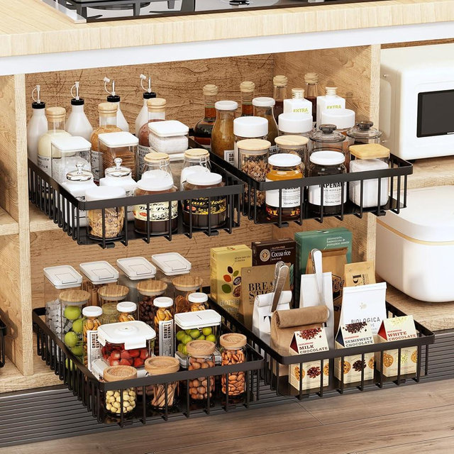 4Pack Pull out Cabinet Organizer,No Drill Pull out Drawers for Cabinets without A Lip,16.5" D X 11" W Pantry Pull out Shelves,Cabinet Roll out Drawers,Slide Out Drawers for Kitchen Cabinets,Black