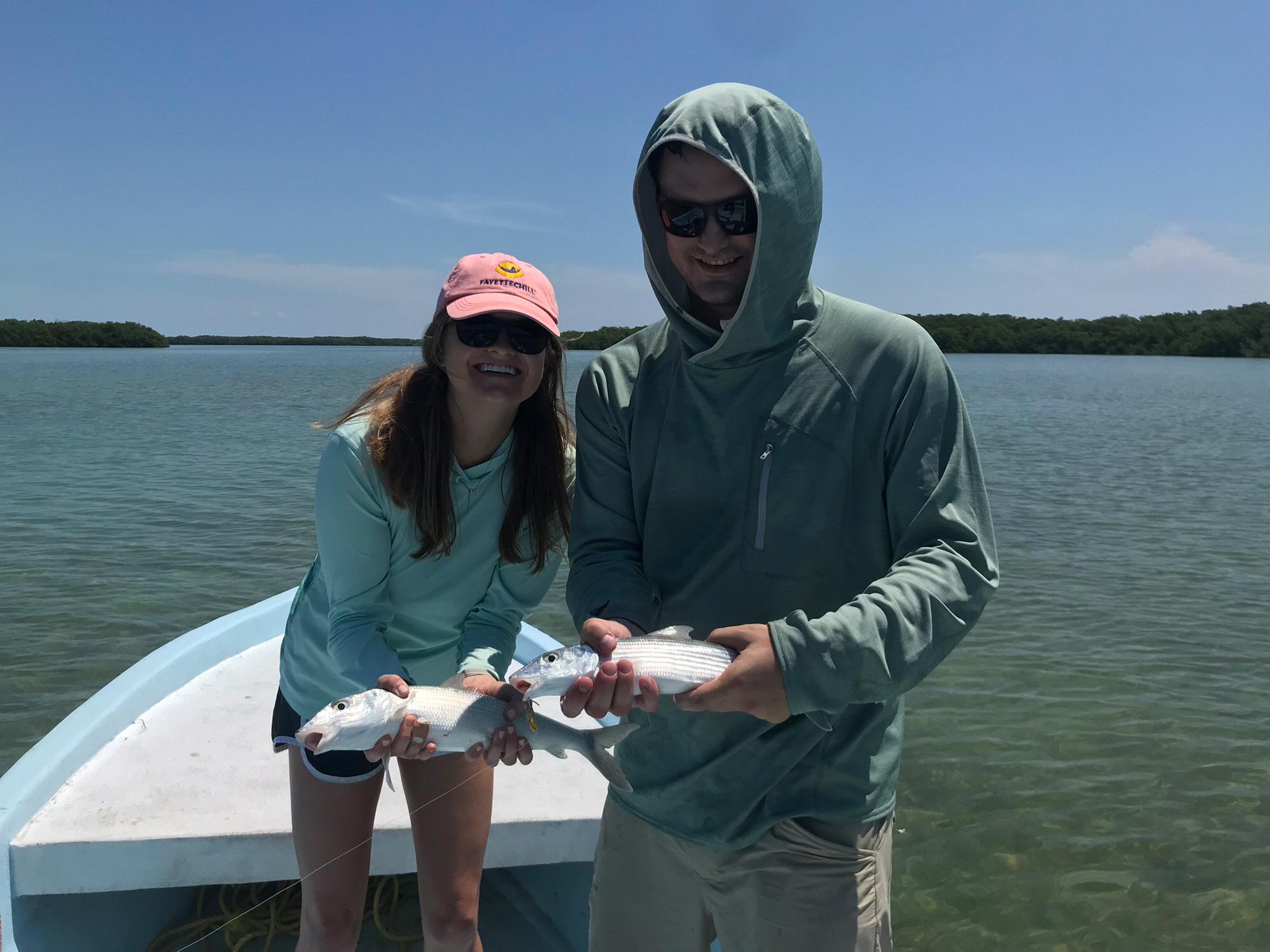 Fishing in Belize - we each caught bone fish at the same time