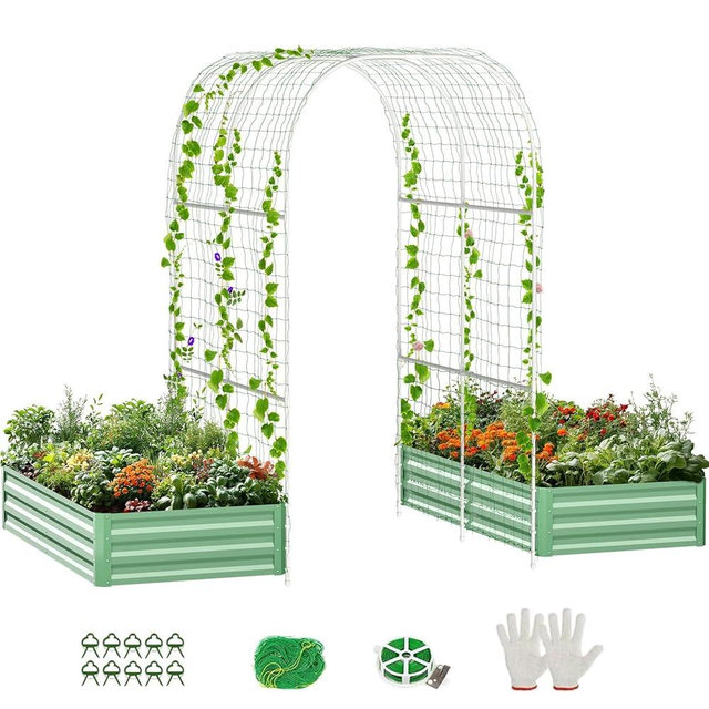 UrGROWA 3 in 1 Galvanized Raised Garden Bed with 87" H Arch Trellis for Climbing Plants, Outdoor Gardening Planter Box with Climbing Net for Flower Vegetables Fruits Herbs, Green