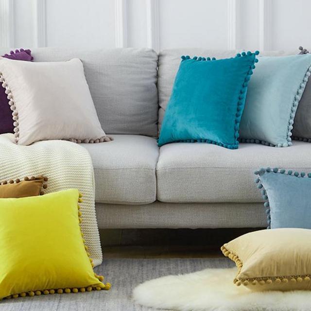 Top Finel Decorative Throw Pillow Covers for Couch Bed Soft Particles Velvet Solid Cushion Covers with Pom-poms 20 x 20 Inch 50 x 50 cm, Pack of 2, Blush Pink
