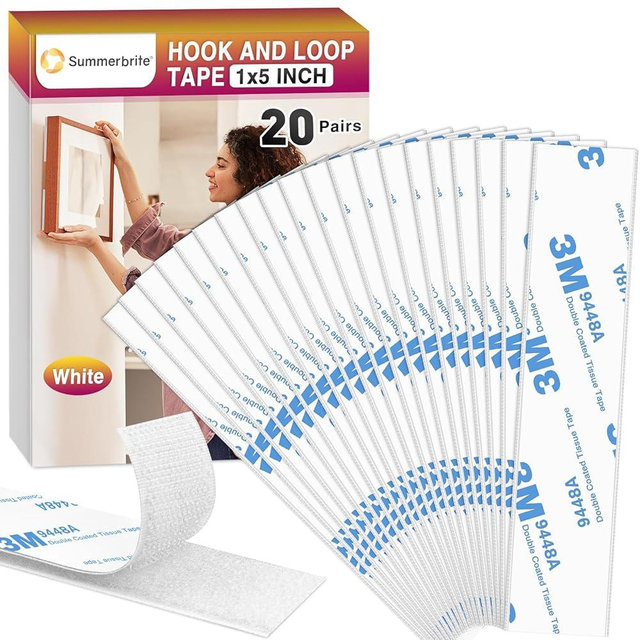 1 x 5 Inch Hook and Loop Tape 20 Pairs, Super Strong Sticky Back Fastener, Heavy Duty Double-Sided Adhesive Strip, Heavy Duty Hanging Strips Fastener for Home Office School Car and DIY Crafting White