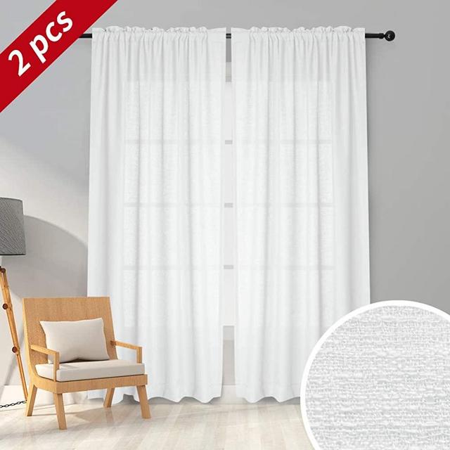 Melodieux White Semi Sheer Curtains 96 Inches Long for Living Room - Linen Look Bedroom Rod Pocket Voile Drapes, 52 by 96 Inch (2 Panels)