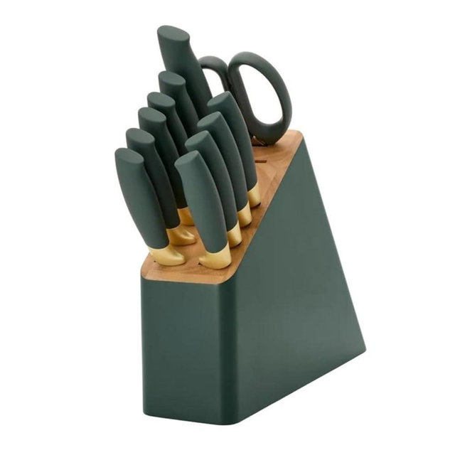 12-Piece Stainless Steel Knife Block Set with Soft Grip Handles Kitchen Cutlery Set with Wood Block (Thyme Green)