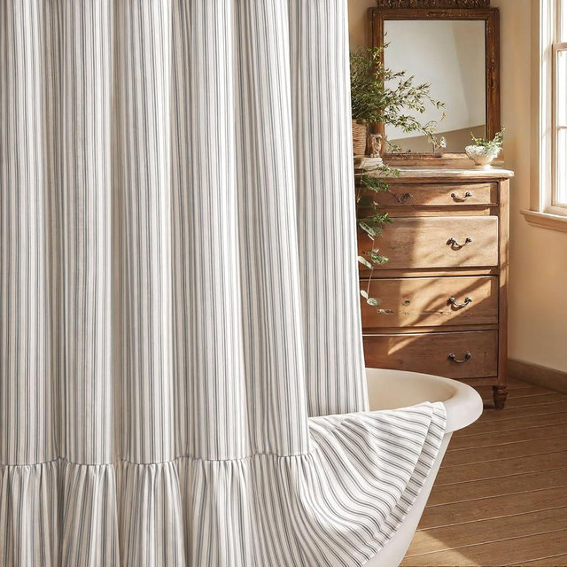 XOGUIBO Farmhouse Shower Curtain with Ruffle Hem Linen Shower Curtains for Bathroom Country Vintage Rustic Natural Fabric, Cream-Grey Stripe 72" W x 84" L