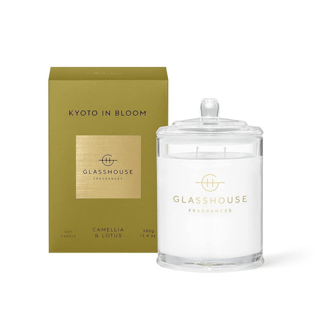 Glasshouse Fragrances Kyoto in Bloom Candle, Triple Scented Natural Soy Wax Blend, 2 Wicks & Glass Jar, 65 Hour Burn Time, Camellia & Lotus, 13.4 Oz (380g)