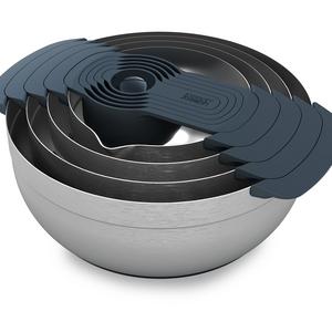 Joseph Joseph 95005 Nest 9 Stainless Steel Compact Nesting Mixing Bowl Set Measuring Tools Sieve Colander Food Prep Dishwasher Safe Non-Slip, 9-Piece, Silver