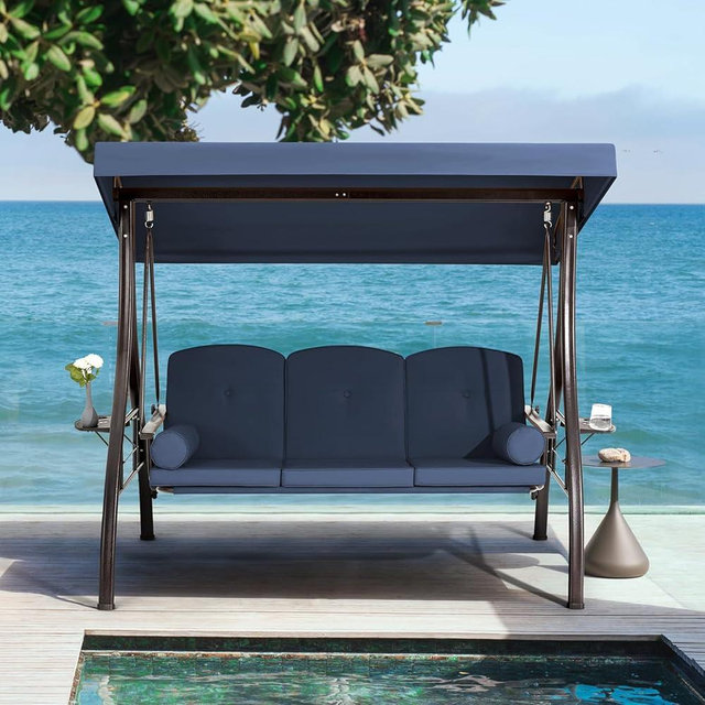 HOMREST 3 Person Outdoor Porch Swing with 1.5" Upgraded Cup Holder, Adjustable Canopy, Backrest, Patio Swing Bed with Weather Resistant Steel Frame, Cushions for Garden,Deck and Poolside(Blue)