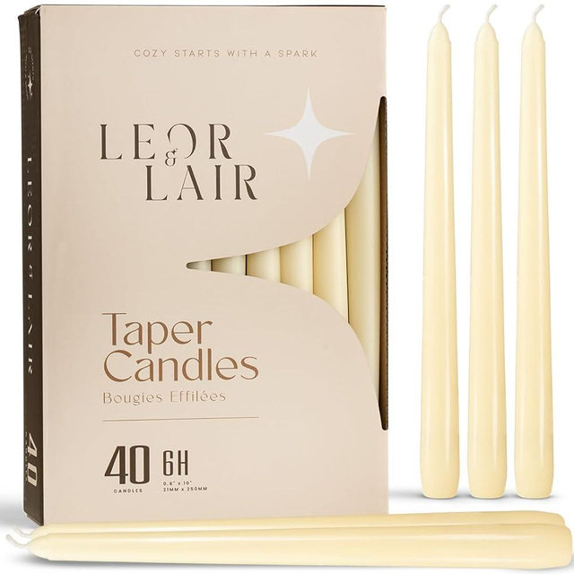 Leor & Lair Ivory Taper Candles – 40 Pack Bulk Taper Candles – 10" Elegant Ivory Candlesticks for Weddings, Restaurants, Holiday Events, Home Decoration & Everyday Ambiance