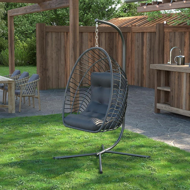 Kingdura Hanging Egg Chair with Stand Indoor Outdoor, Foldable Rattan Wicker Hammock Egg Swing Chair for Bedroom Porch Patio Garden, Thickened Cushion, 350LBS Capacity, Heavy Duty Frame