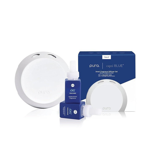 Capri Blue x Pura 4 - Smart Fragrance Diffuser Plug in Kit - Includes 1 Pura Diffuser + 2 Fragrance Refill Vials - Long Lasting Scents - LED Light - 2.4 GHz WiFi Required (Volcano)