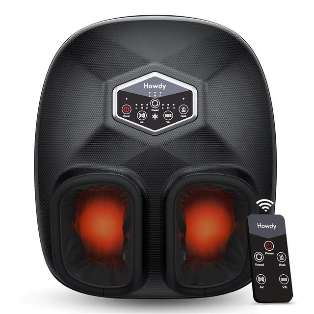 Howdy Shiatsu Foot Massager Machine with Heat, Compression & Remote - Deep Kneading, 3 Intensity Levels, Gifts for Women/Mom/Dad - Fits Size 12, Removable Washable Covers & Portable Storage Bag