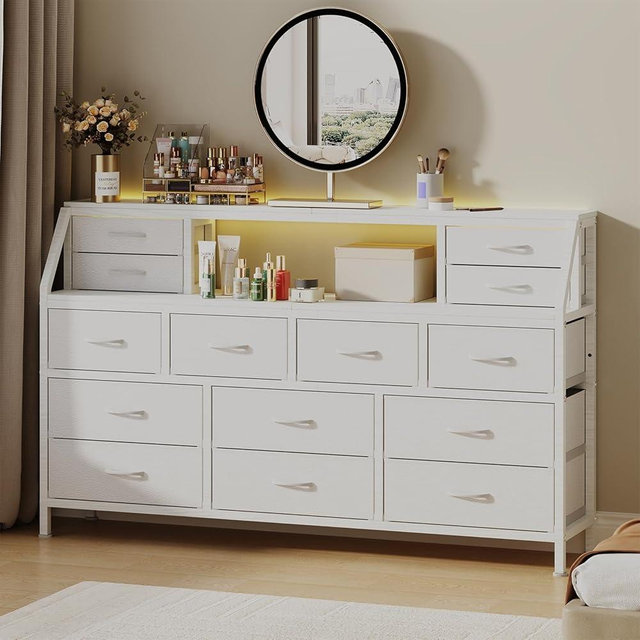DrawXynth Dresser for Bedroom, 55" TV Stand with 14 Drawers, Long Dresser & Chests of Drawers with Shelves & Sturdy Metal Frame & Wood Top (White)