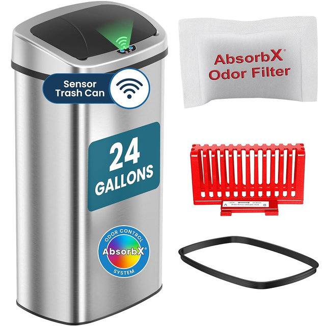 iTouchless 24 Gallon Extra Large Touchless Sensor Trash Can, Commercial Stainless Steel, 91L, AbsorbX Odor Filter, Automatic Kitchen Bin for Home, Office, Restaurant, Lobby, Store