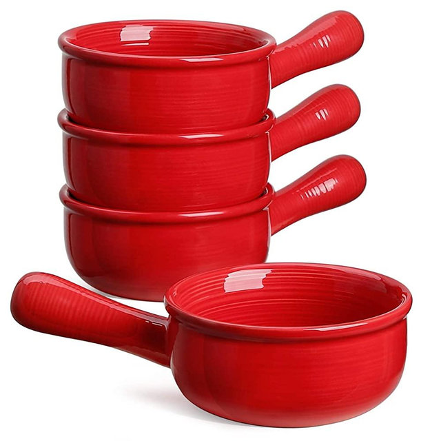 LE TAUCI French Onion Soup Bowls With Handles, 15 Ounce for Soup, chili, beef stew, Set of 4, Red