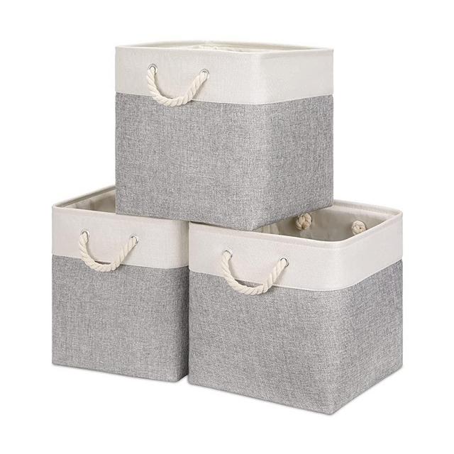 Bidtakay Baskets for Storage Large Fabric Basket Set of 3 Closet Baskets Clothes Baskets for Shelves Square Organizer Bins 13x13 Storage Cube Bins for Pantry Organization Home Storage(White&grey)