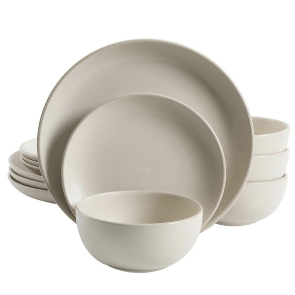 Gibson Home Rockaway 12-Piece Round Stoneware Dinnerware Set, Service for 4 – Cream Plates and Bowls, Modern Matte Finish, Microwave & Dishwasher Safe