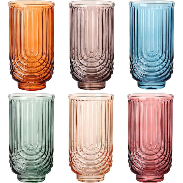 TrophyToast Colored Vintage Drinking Glasses Set of 6-17oz Hand-Blown Highball Ribbed Glassware, Arch Design Cocktail Glasses for Whiskey Water Beverages Ice Coffee Juice Milk