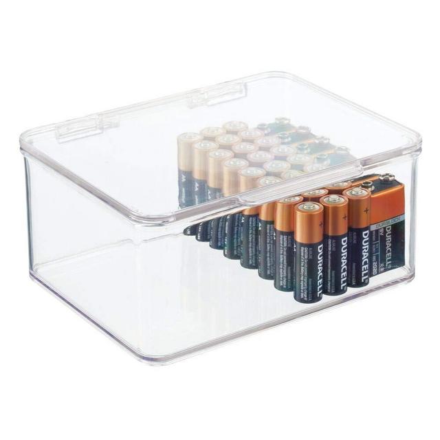 mDesign Small Stackable Divided Battery Storage Organizer Box with Hinged Lid for AA, AAA, C, D, 9 Volt Sizes - Great Storage for Kitchens, Home Offices, and Utility Rooms - Clear