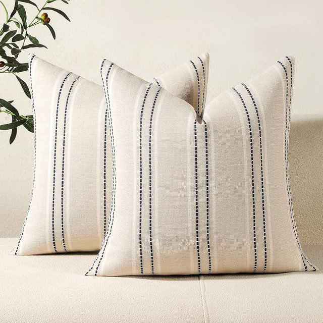 Hckot Throw Pillow Covers 16x16 Set of 2 Striped Pillow Covers Textured Linen Decorative Pillows Square Cushion Covers for Sofa Couch Bed Living Room Farmhouse Decor