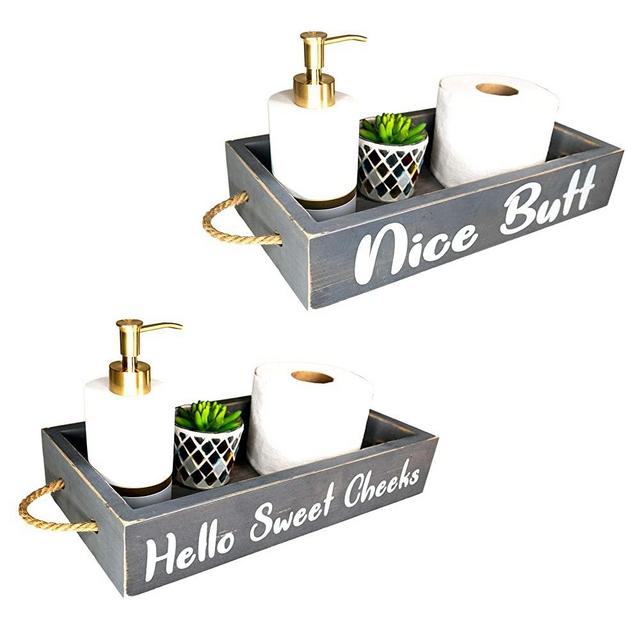 Nice Butt Bathroom Decor Box, 2 Sides with Funny Sayings -Perfect for Farmhouse Bathroom Decor, Rustic Bathroom Decor, Funny Toilet Paper Holder -Toilet Paper Storage, Bathroom Signs (Grey)