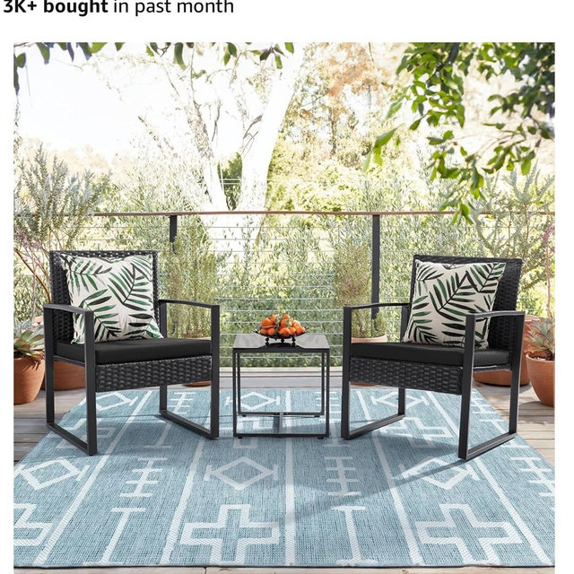 Flamaker 3 Pieces Patio Set Outdoor Wicker Furniture Sets Modern Rattan Chair Conversation Sets with Coffee Table for Yard and Bistro (Black)