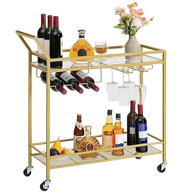 HOOBRO Bar Cart for The Home, 2-Tier Kitchen Cart with Wine Rack and Glass Holder, Serving Cart with Wheels and Guard Rails for Dining Room, Living Room, Party, Bar, Gold GD11TC01